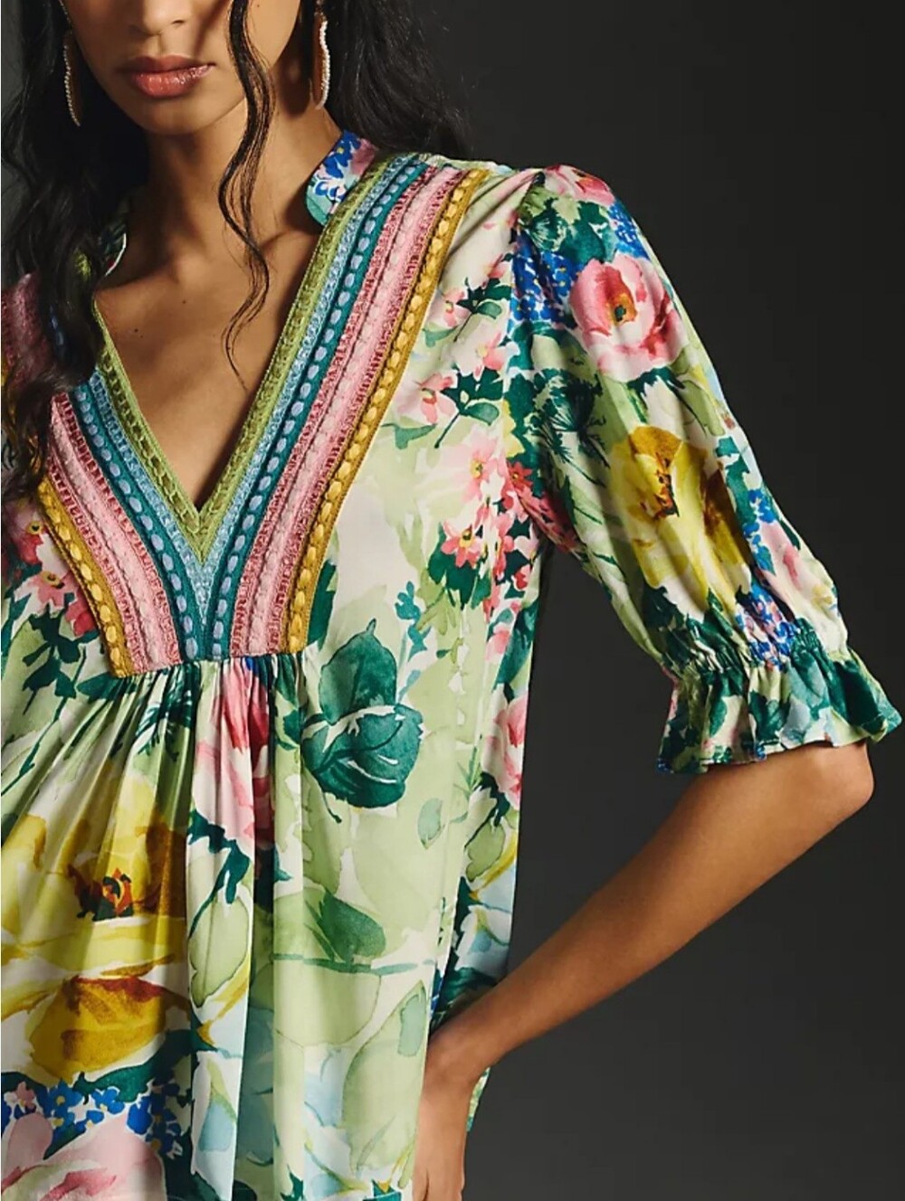 Anthropologie Bl^ank embroidered floral top, multicolor V-neck babydoll blouse L